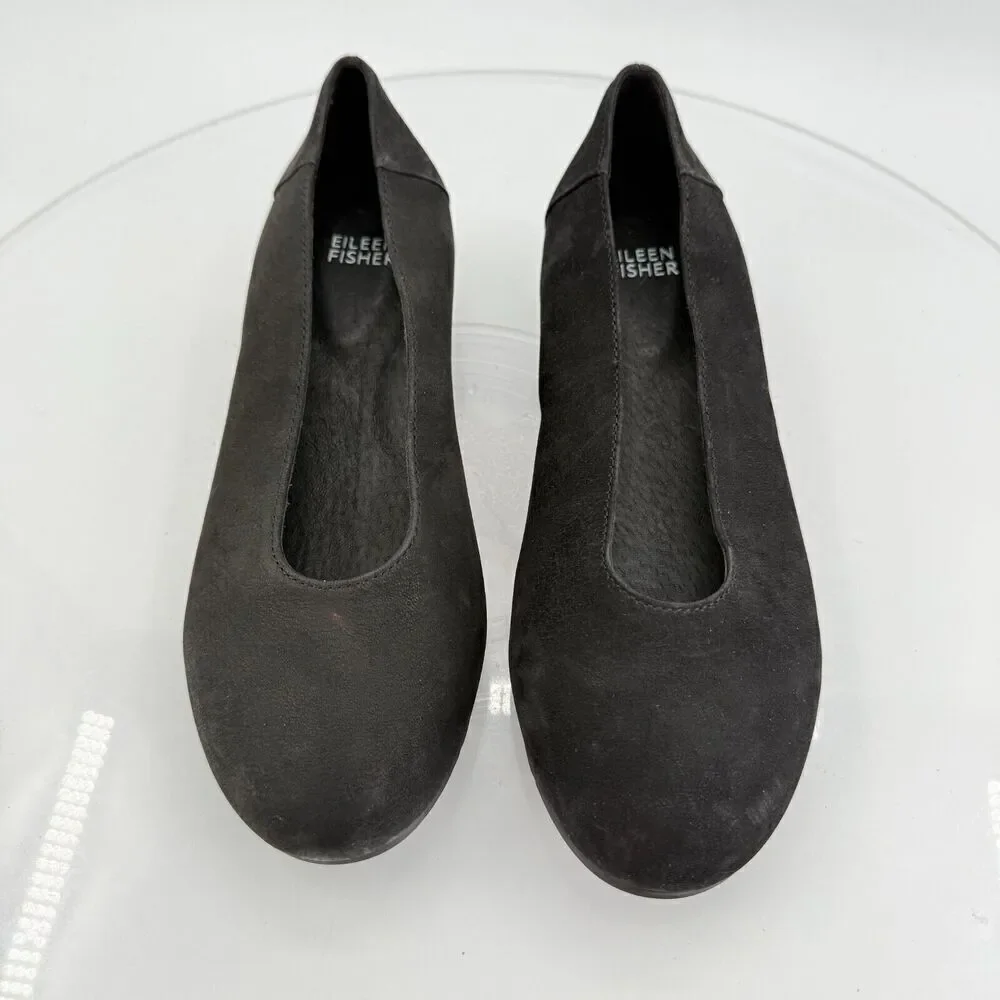 Eileen Fisher Womens Una Hidden Wedge Ballet Flats Sz 6.5 Black Suede Round Toe